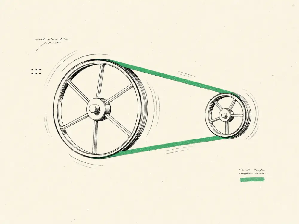 Two ink pulley wheels linked by a single brand-green drive belt, motion arcs behind