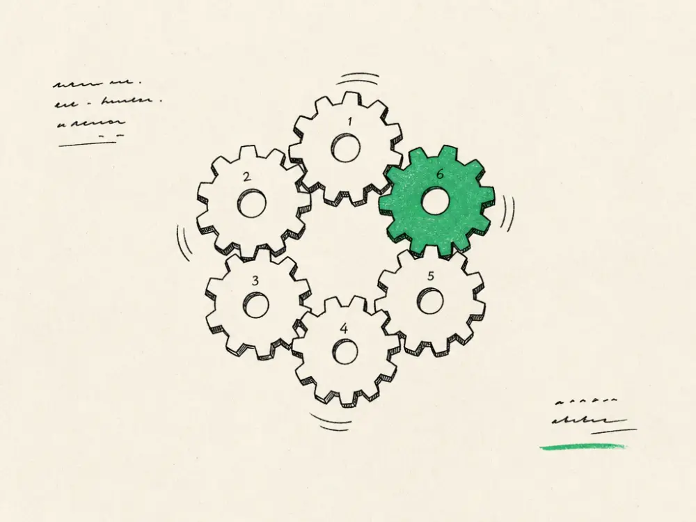 Six interlocking ink gears arranged in a ring, a single gear filled green