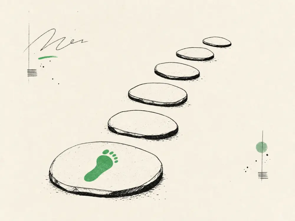 Ink stepping stones curving forward with a green footprint on the nearest stone