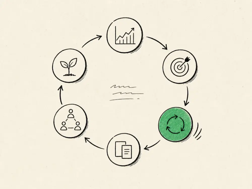 Hand-drawn editorial illustration accompanying the article titled The R6 Flywheel: Six Stages Every Aesthetic Clinic Needs.