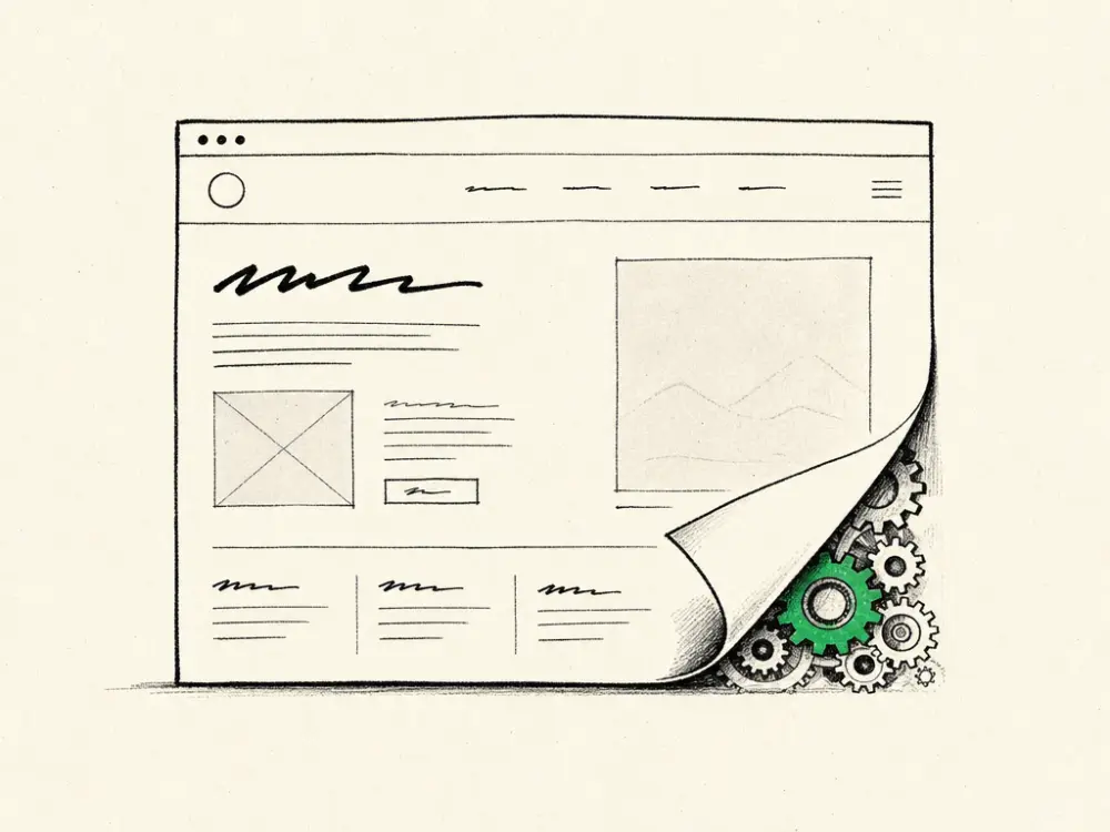 An ink web-page schematic with a peeled corner revealing gears, one gear green