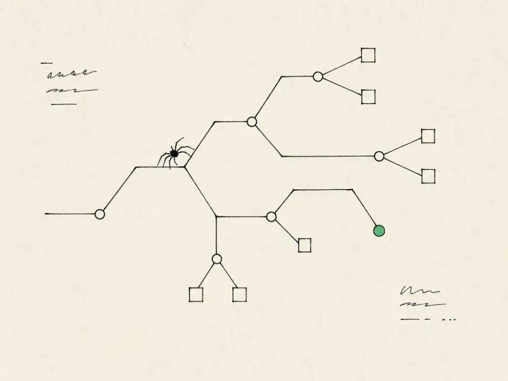 A thin ink crawler moving over a branching sitemap tree, one node green