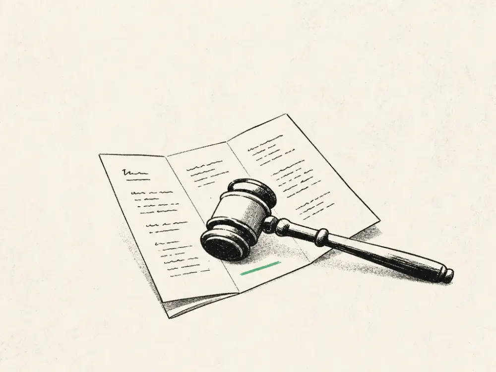 A small ink gavel resting on a leaflet with one clause underlined green
