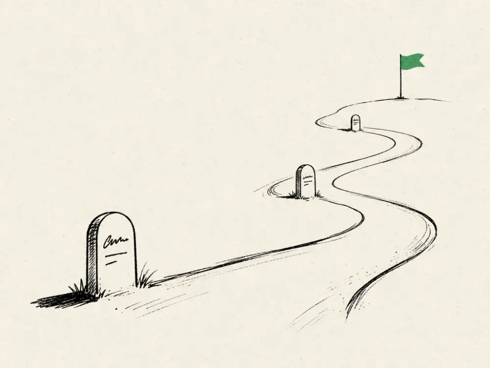 A winding ink path with milestone markers, the furthest marker a small green flag