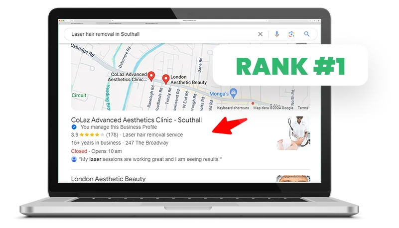 Google results showing CoLaz Advanced Aesthetics ranked first for a competitive treatment search.