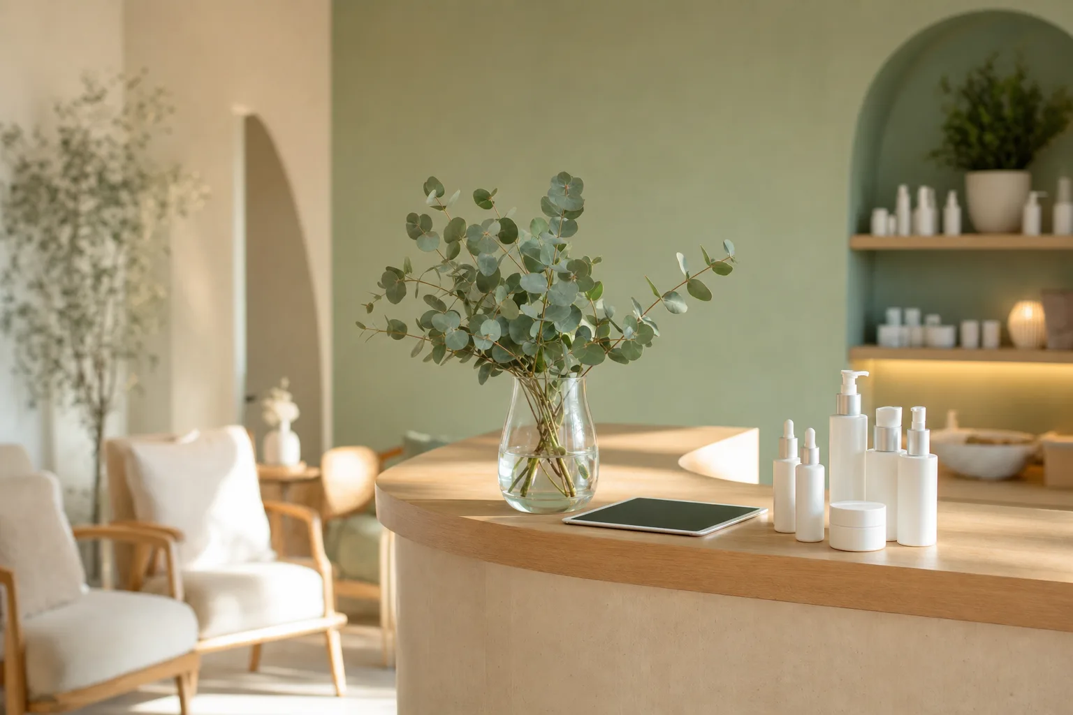 A bright aesthetic clinic reception desk with eucalyptus, a tablet and skincare bottles.