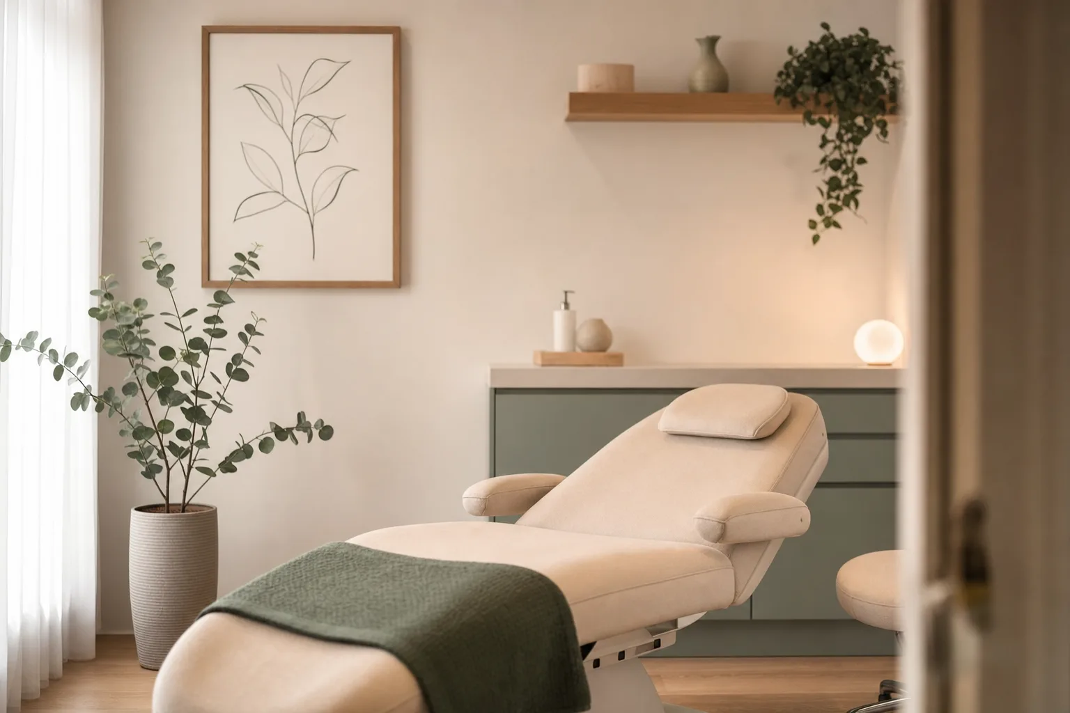 A calm aesthetic clinic treatment room with a beige treatment bed and sage-green accents.