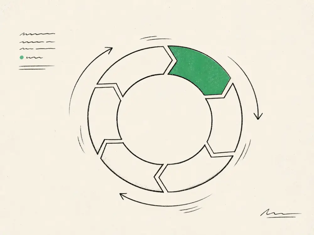 A circular six-segment ink flywheel with motion arrows, one segment filled brand green