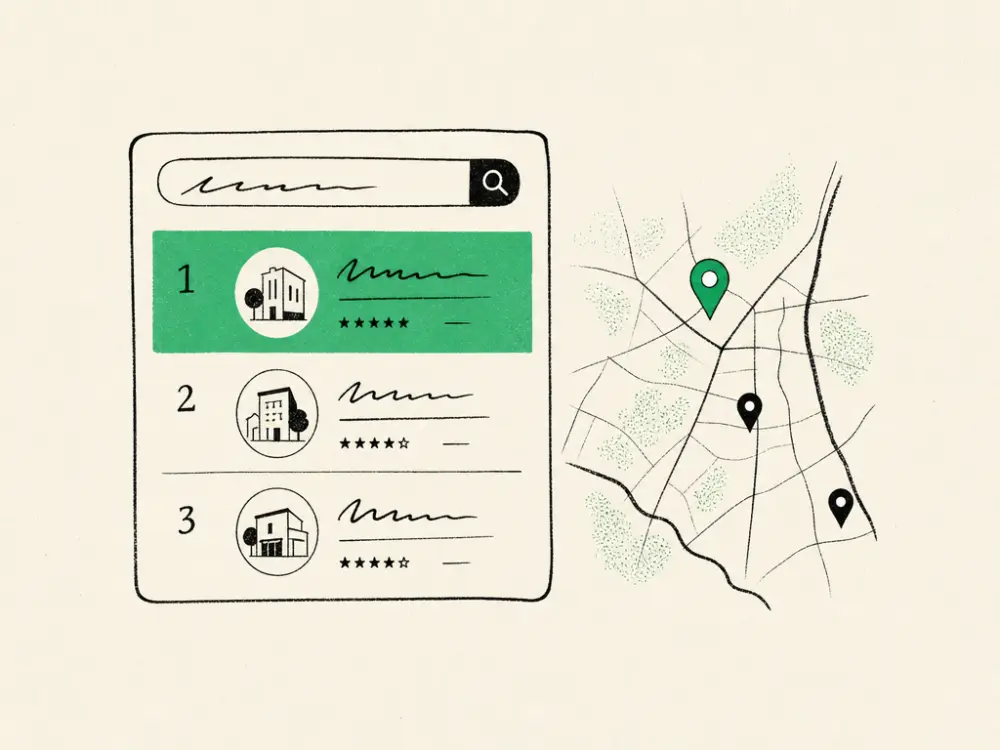 An ink local search panel with the number-one result highlighted green beside a map