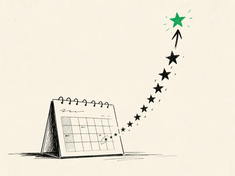 An upward ink arrow of review stars rising past a calendar, the top star brand green