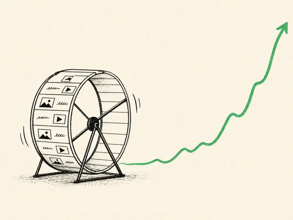 An ink treadmill of ad icons going nowhere beside a rising brand-green line