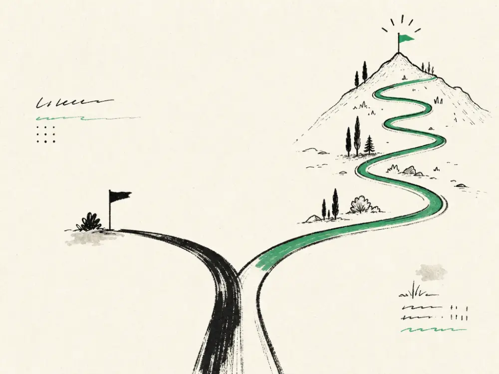 A forked ink road, a short route and a long climbing route accented brand green