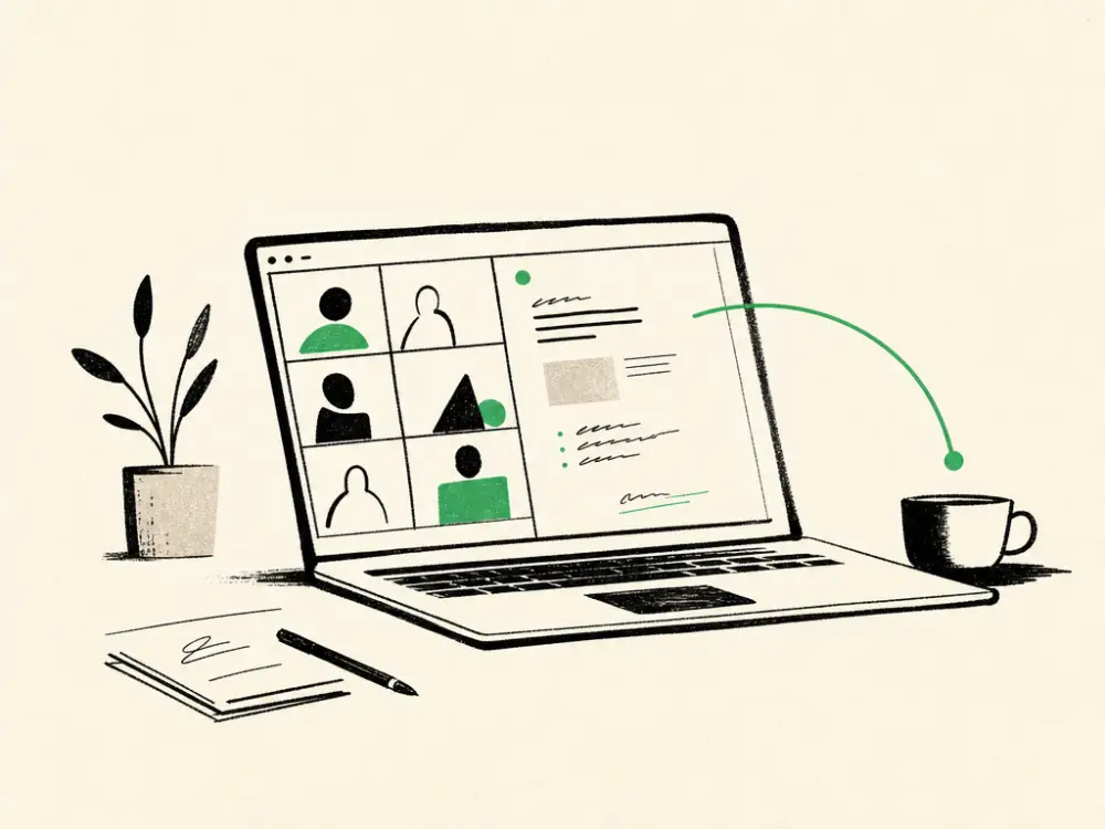 An ink laptop with a video-call grid and shared document, a brand-green connection arc