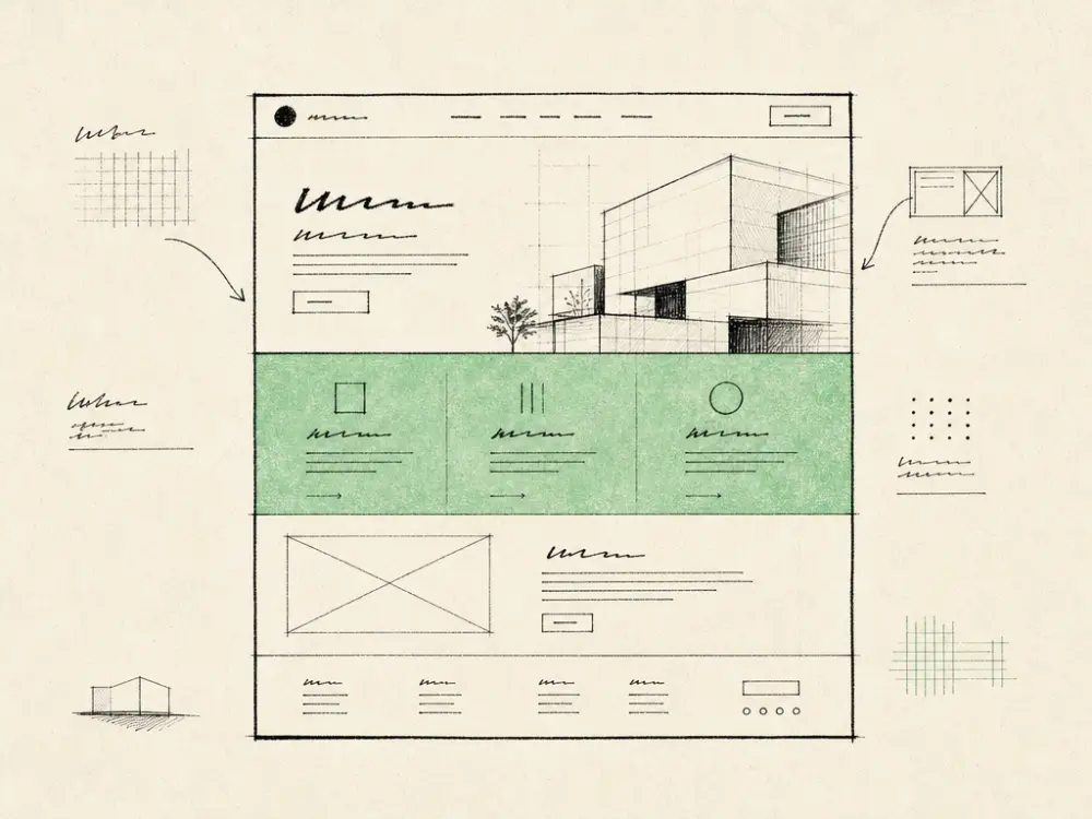 An ink blueprint of a clinic web page with labelled sections, one tinted brand green
