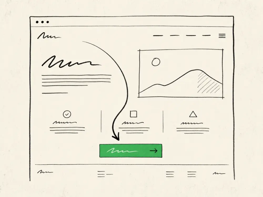 An ink website wireframe with a single bold call-to-action button filled brand green