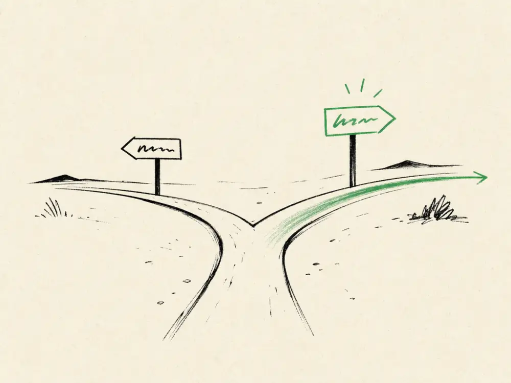 An ink fork in a path splitting two ways, one route accented brand green