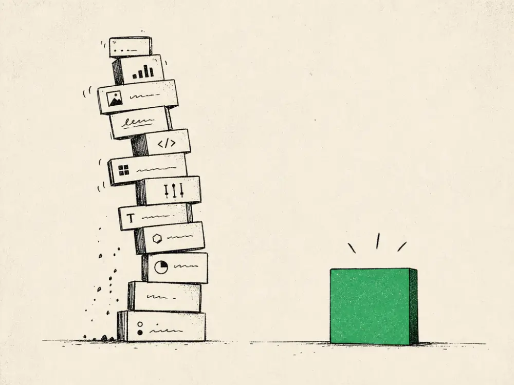 A teetering ink stack of plugin blocks beside one solid brand-green block