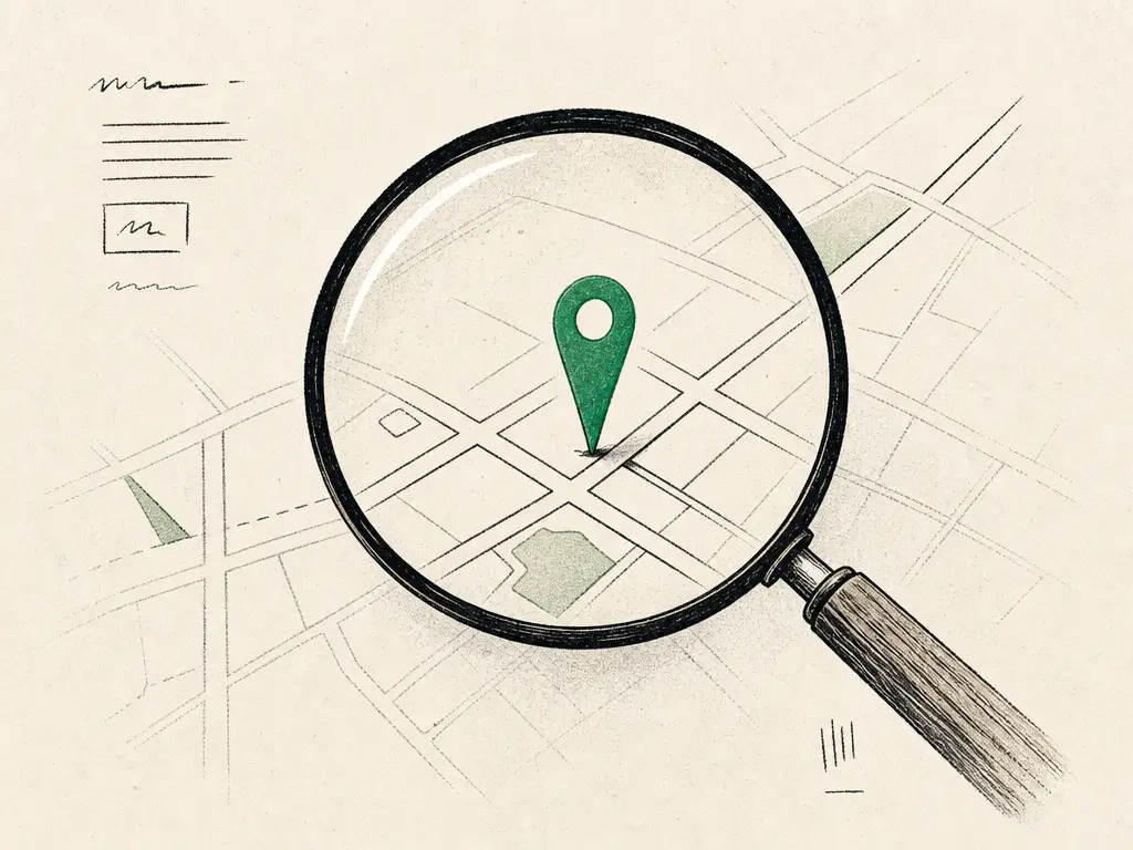 A magnifying glass over a local street map, a green pin marking one clinic.